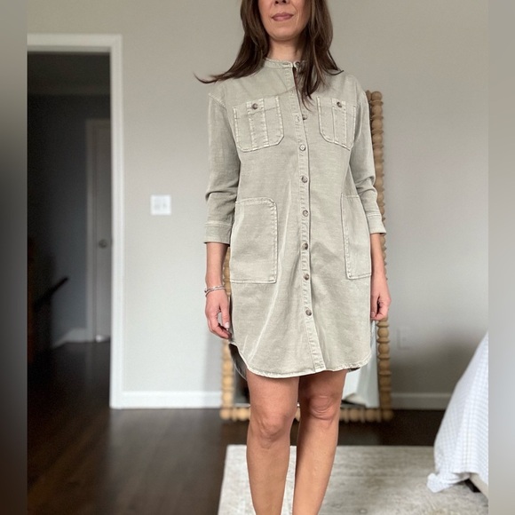 James Perse Khaki Button Down Utility Shirt Dress - Picture 1 of 11
